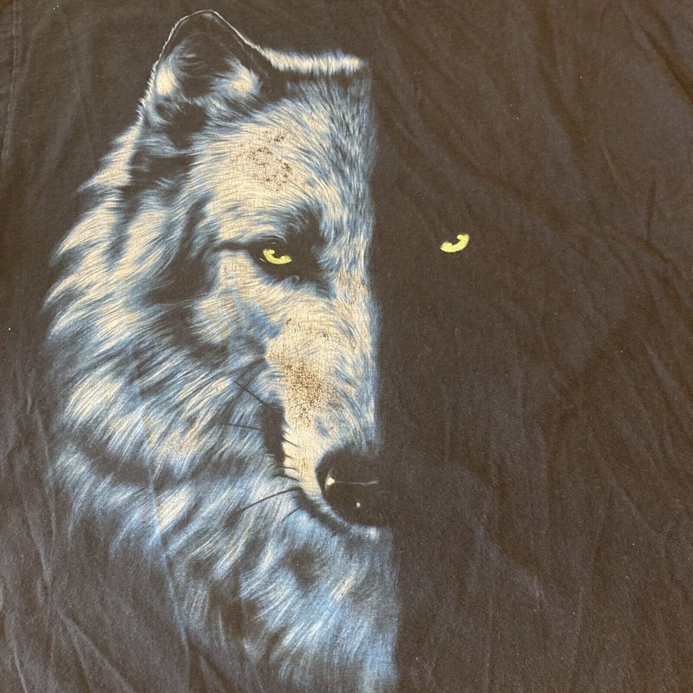 Vtg WOLF with GREEN EYES Shadow Black Shirt LG Graphic HD Size L Emo Hipster